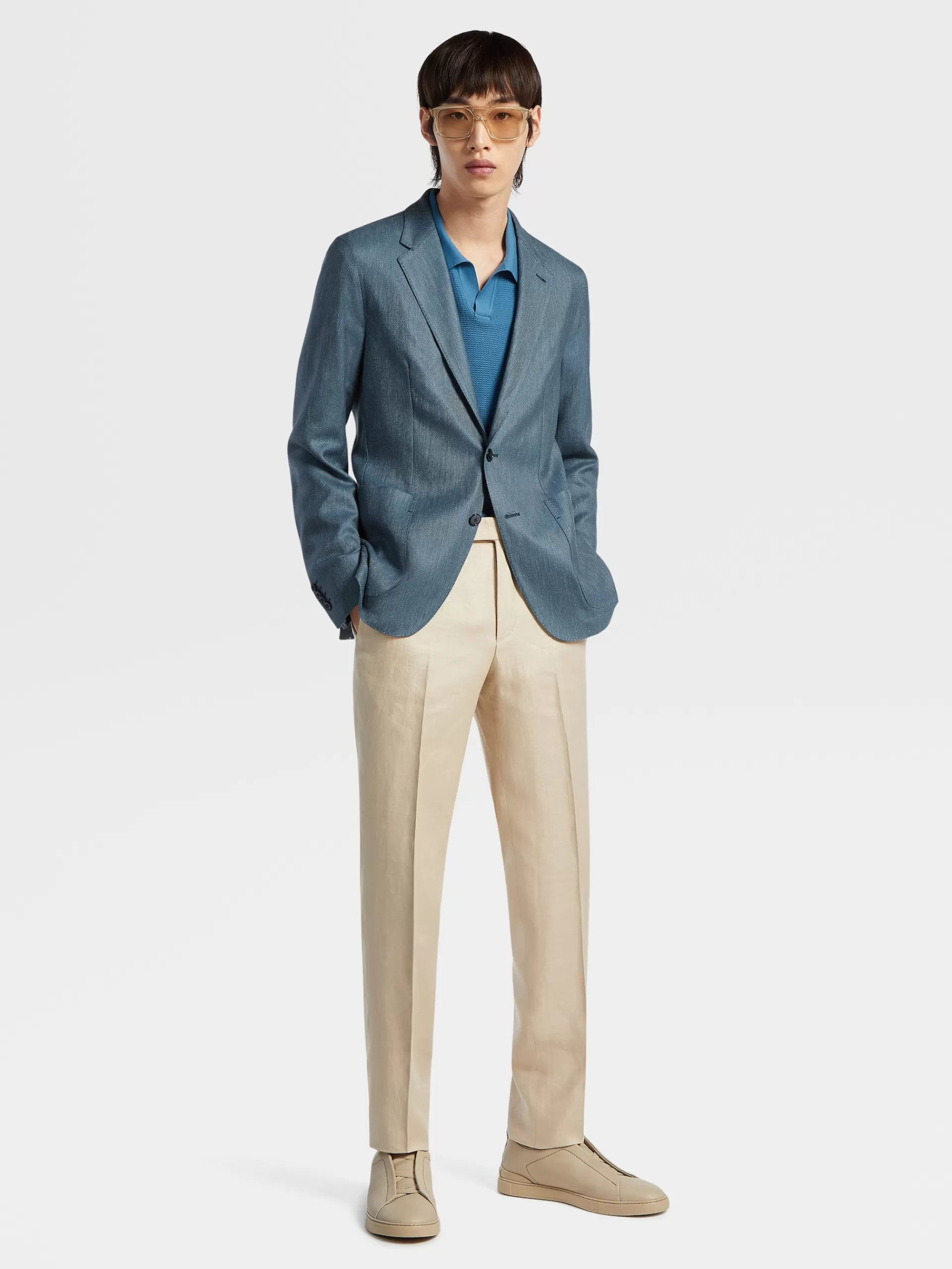 New ZEGNA Veste Chemise En Cachemire, Soie Et Lin Bleu Sarcelle Clair