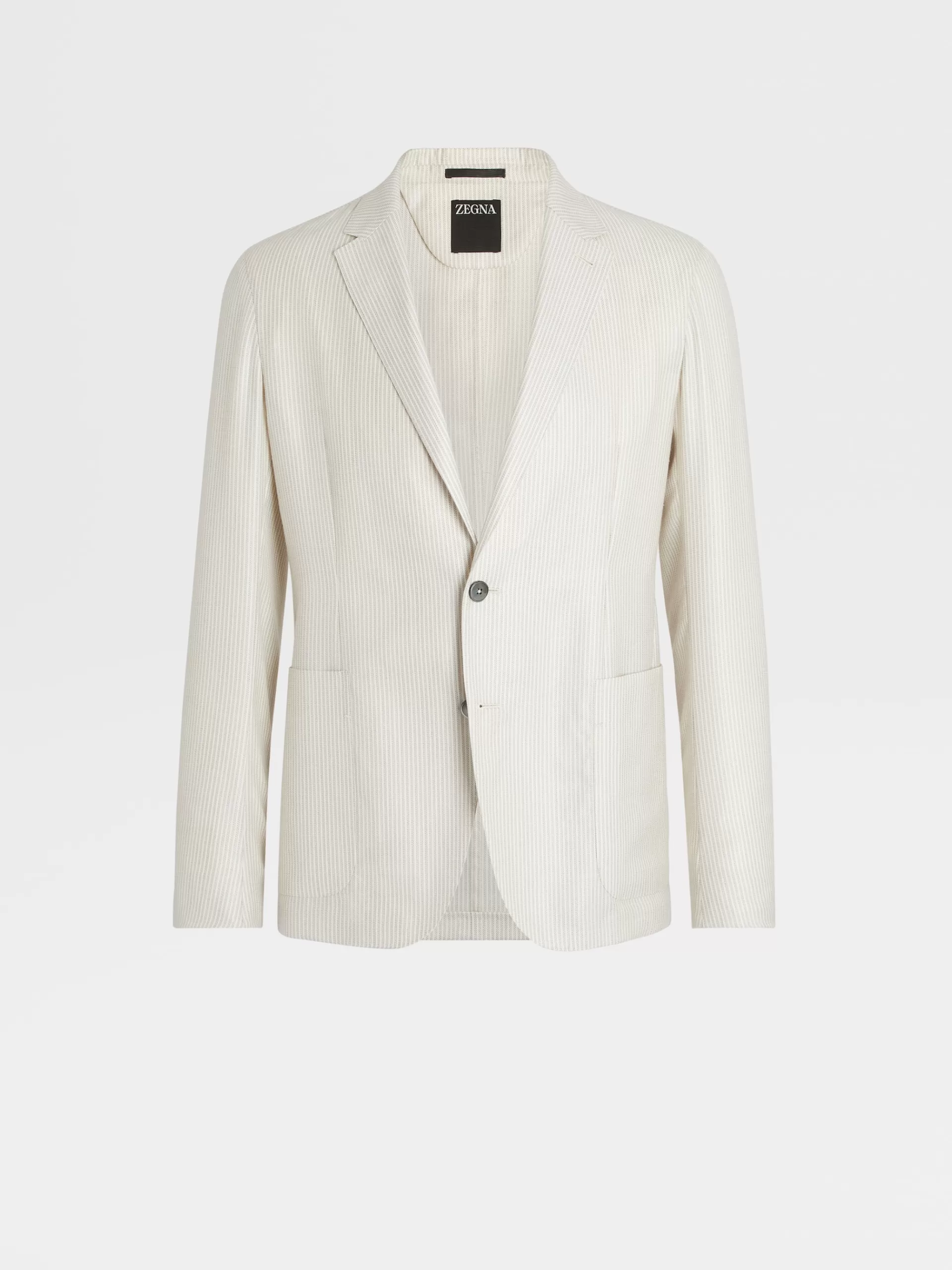 Shop ZEGNA Veste Chemise En Cachemire, Soie Et Lin Beige A Fines Rayures Beige Clair/Blanc Casse