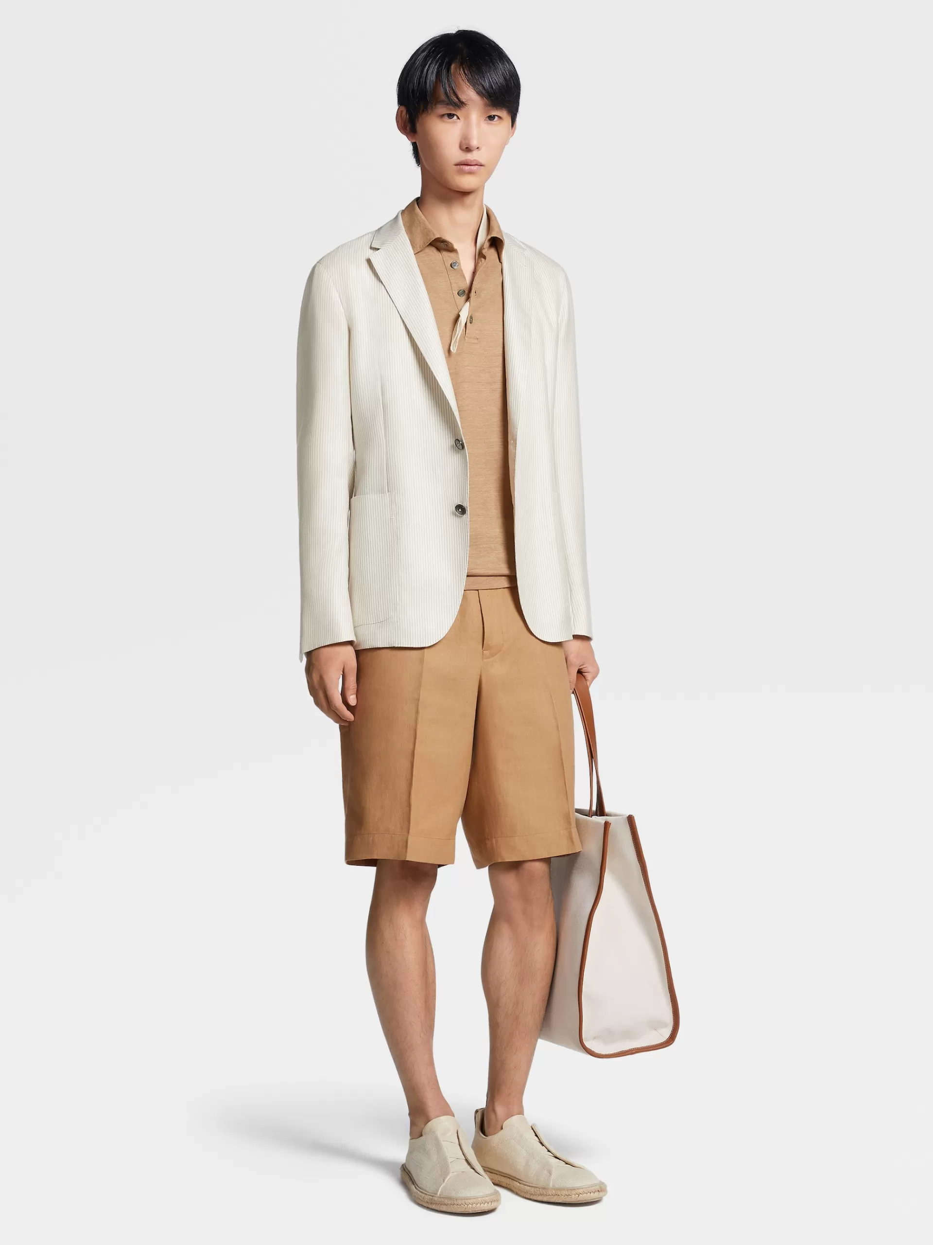 Shop ZEGNA Veste Chemise En Cachemire, Soie Et Lin Beige A Fines Rayures Beige Clair/Blanc Casse