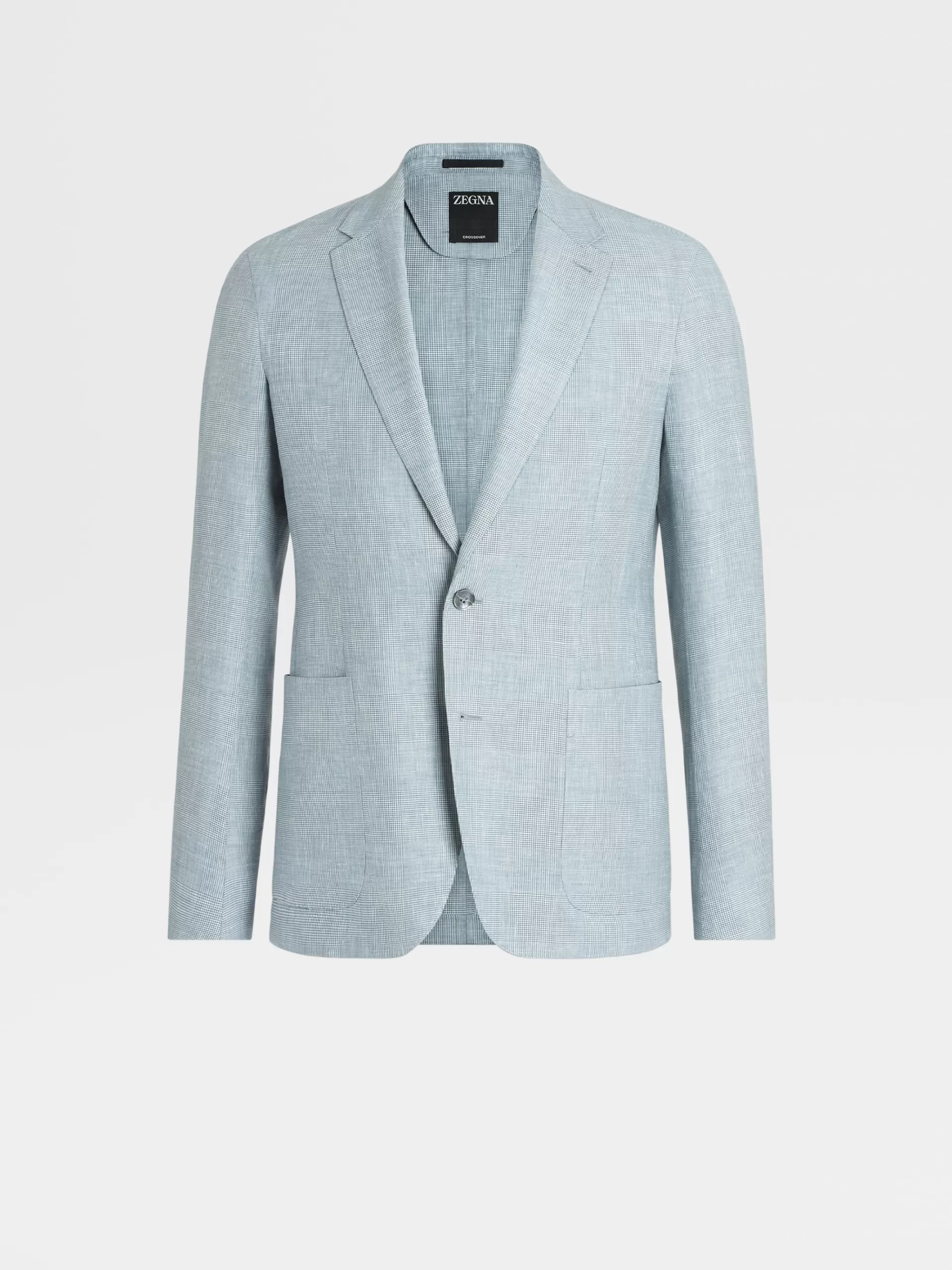 New ZEGNA Veste Chemise En Tissu Crossover De Laine, Lin Et Soie Vert D'Eau A Motif Prince De Galles Vert D'Eau/Blanc Casse
