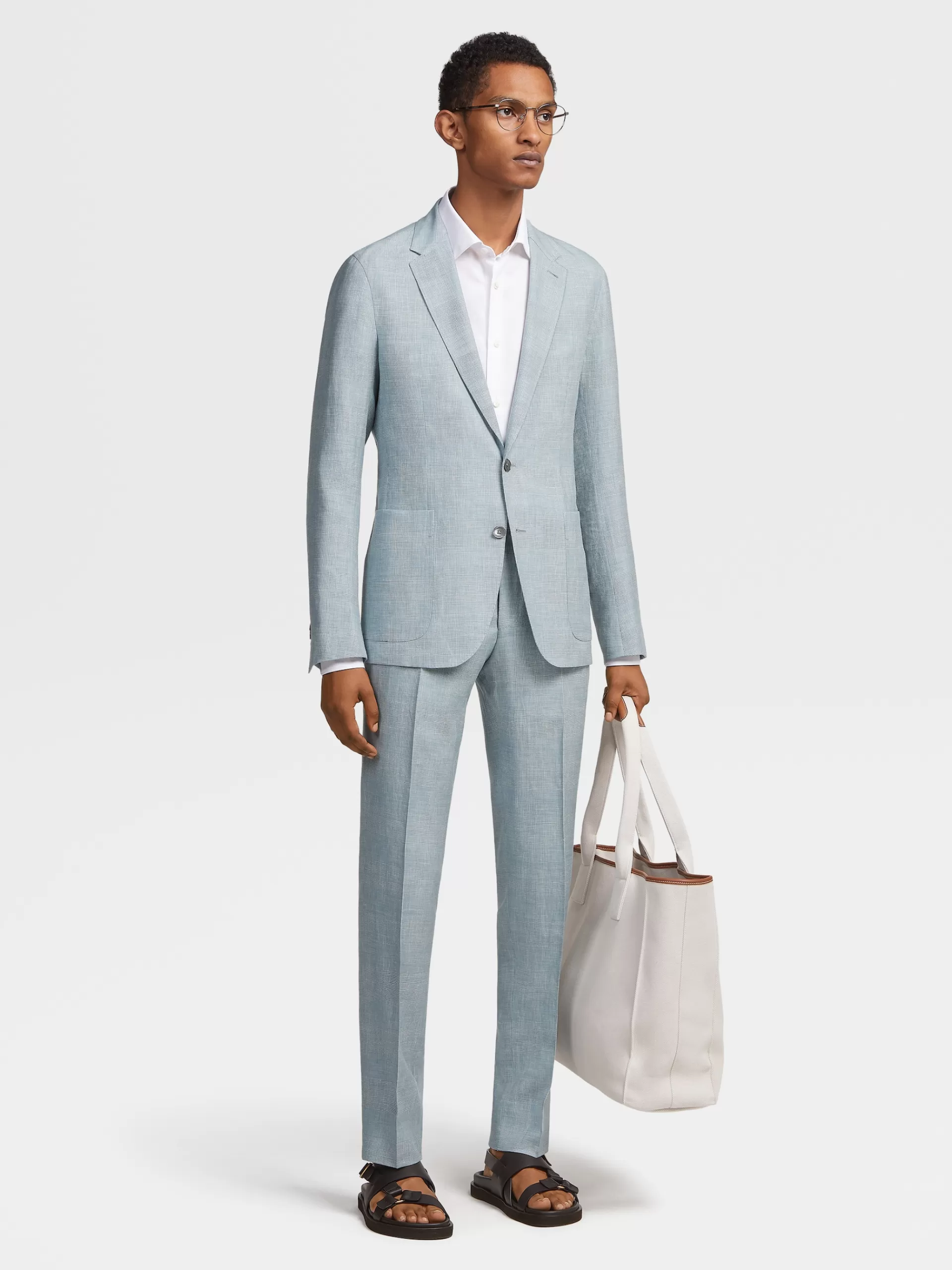 New ZEGNA Veste Chemise En Tissu Crossover De Laine, Lin Et Soie Vert D'Eau A Motif Prince De Galles Vert D'Eau/Blanc Casse