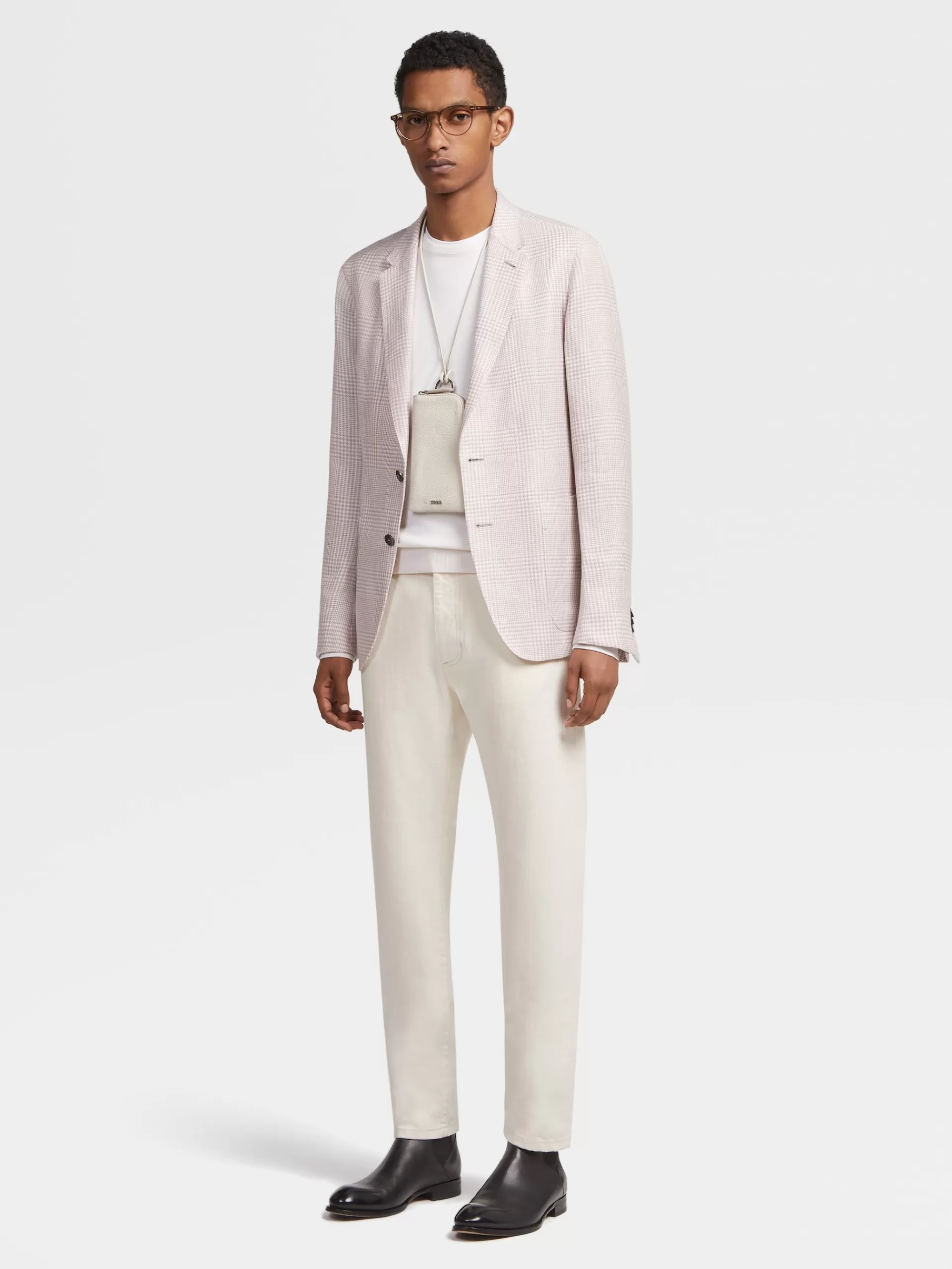 Clearance ZEGNA Veste Chemise En Tissu Crossover De Lin, Laine Et Soie Rose Et Blanc A Motif Prince De Galles Rose Poudre/Blanc
