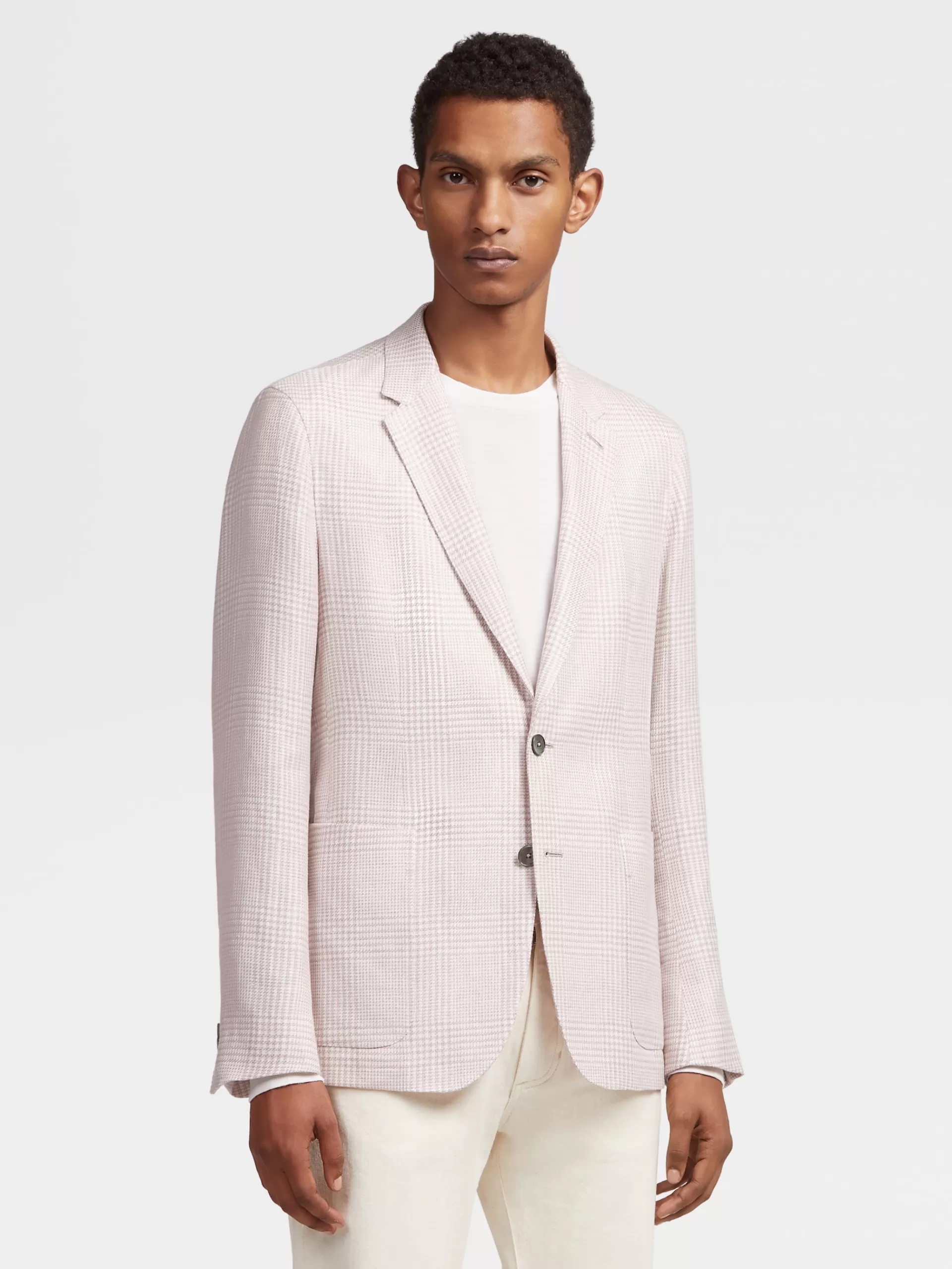 Clearance ZEGNA Veste Chemise En Tissu Crossover De Lin, Laine Et Soie Rose Et Blanc A Motif Prince De Galles Rose Poudre/Blanc
