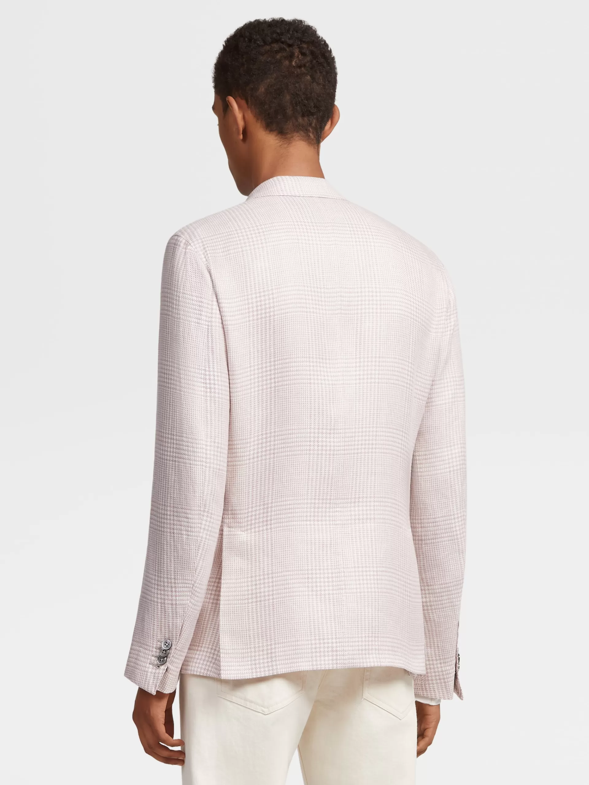 Clearance ZEGNA Veste Chemise En Tissu Crossover De Lin, Laine Et Soie Rose Et Blanc A Motif Prince De Galles Rose Poudre/Blanc