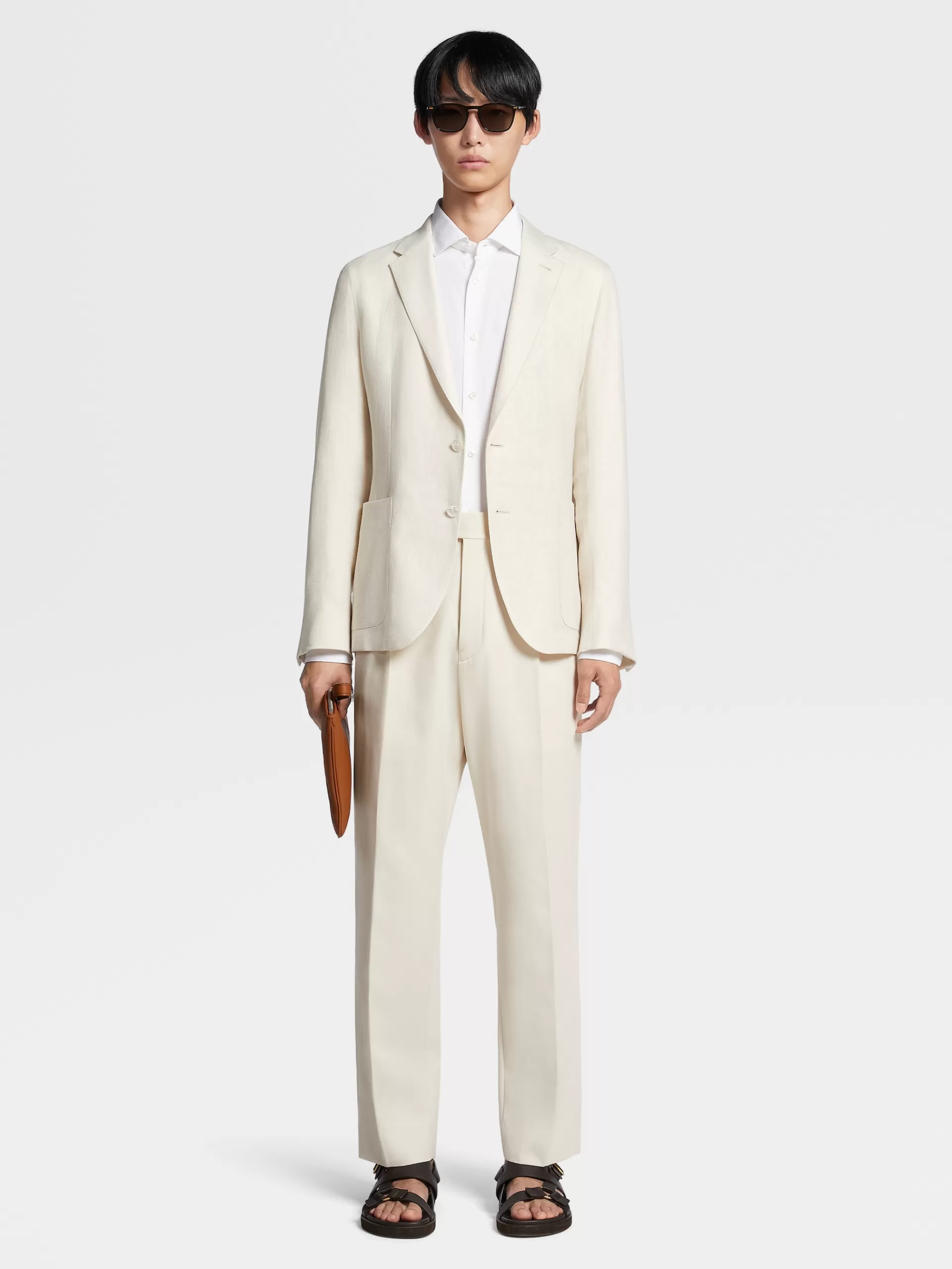New ZEGNA Veste Chemise Microstructuree En Tissu Crossover De Lin Et Laine Melanges Blanc Casse