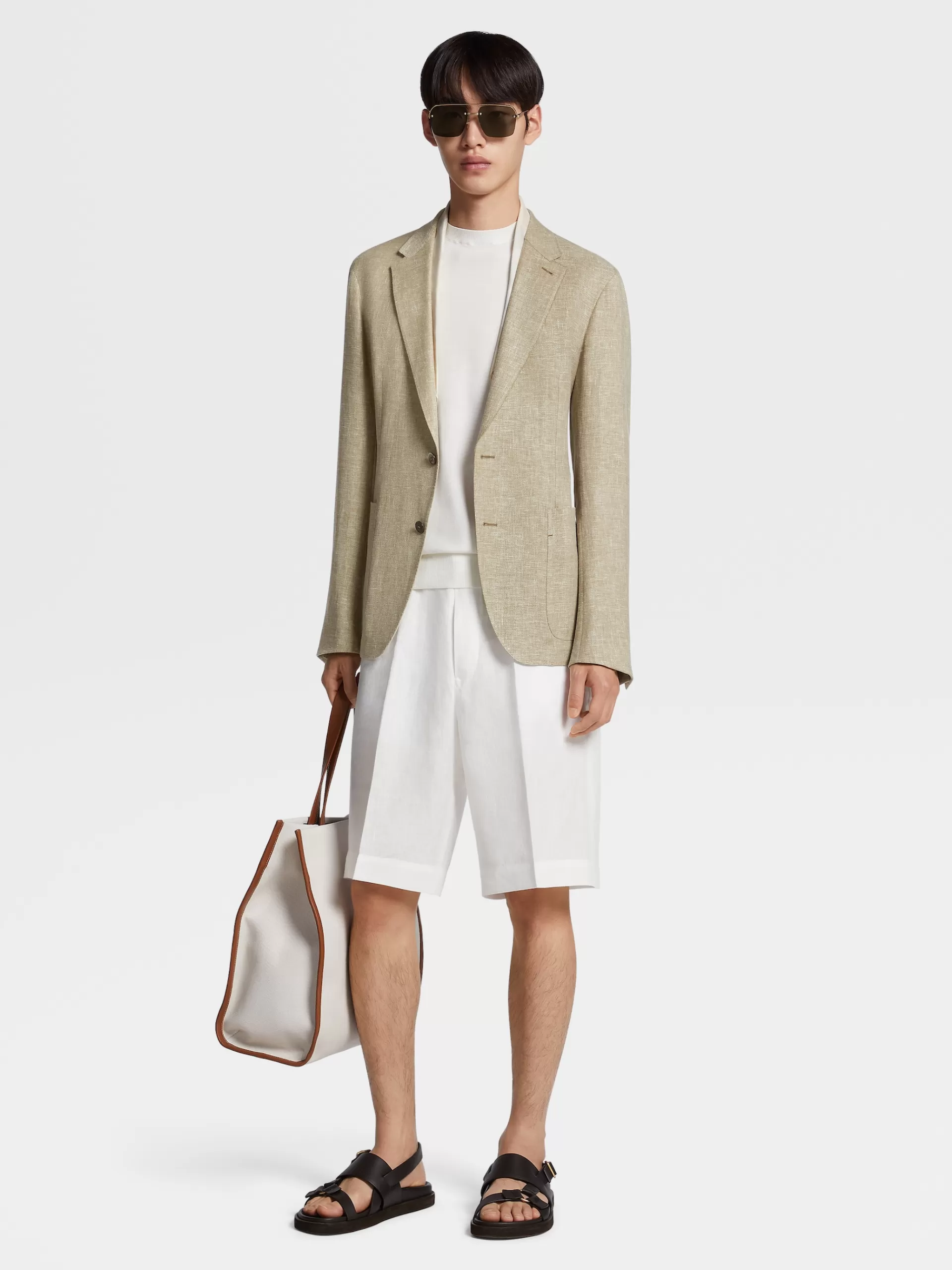 Store ZEGNA Veste Chemise Microstructuree En Tissu Crossover De Lin Et Laine Melanges Vert Kaki Clair