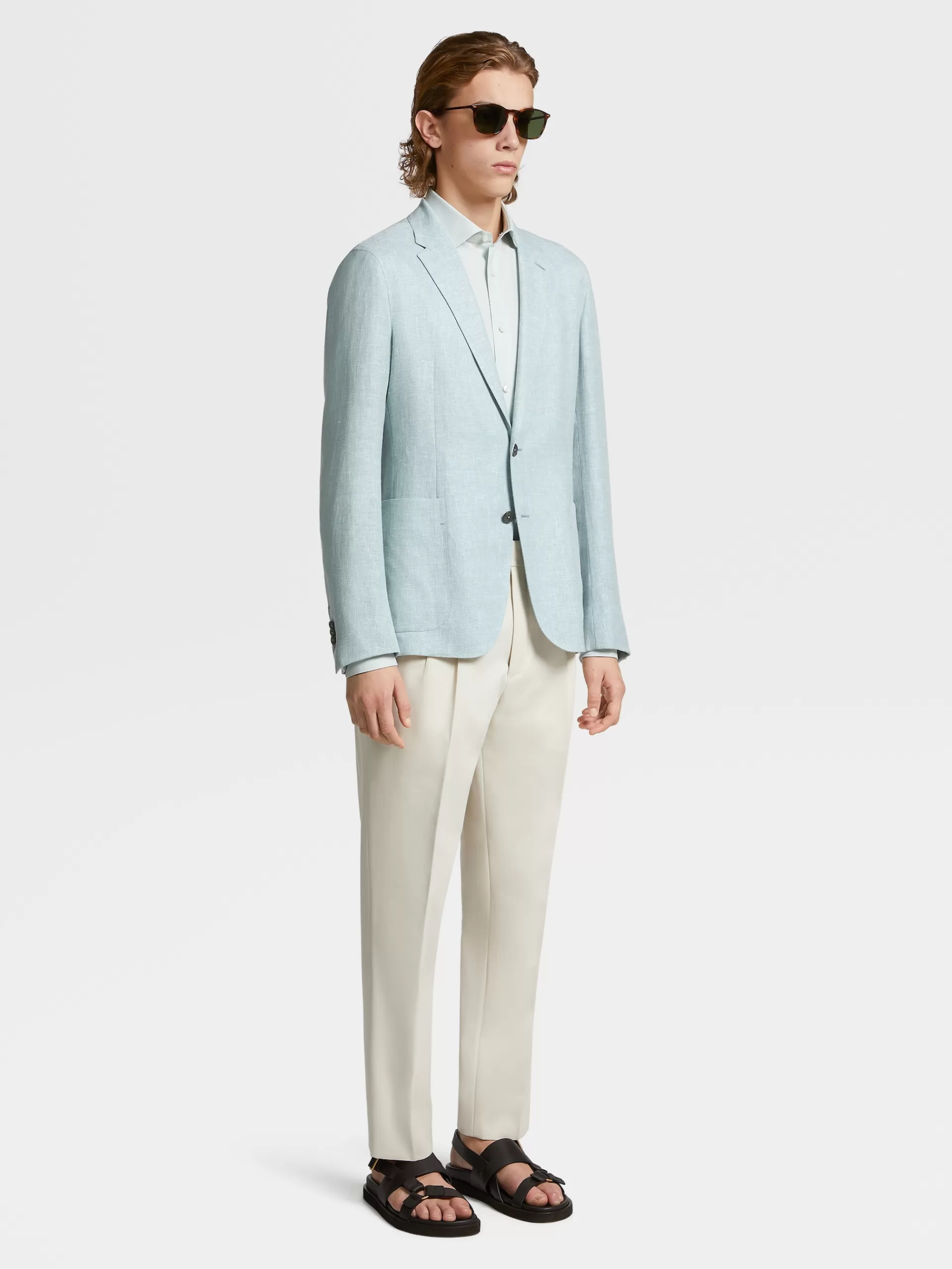 Best Sale ZEGNA Veste Chemise Microstructuree En Tissu Crossover De Lin Et Laine Melanges Vert D'Eau