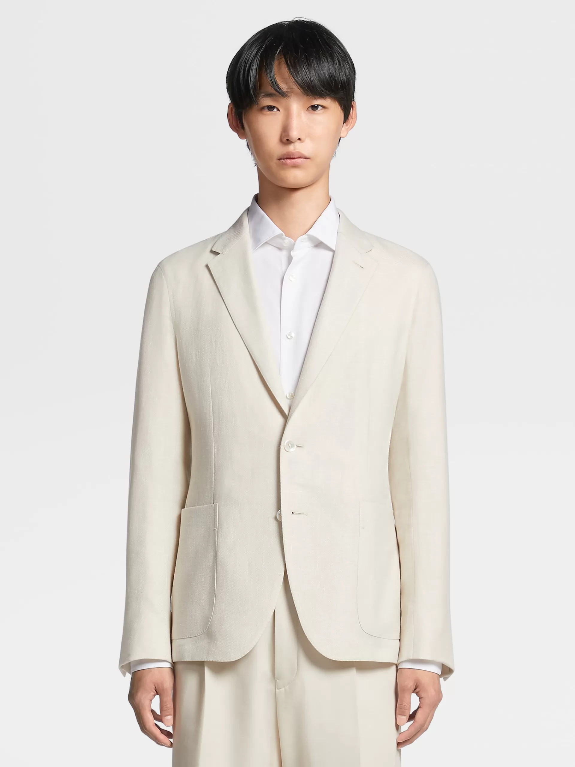 New ZEGNA Veste Chemise Microstructuree En Tissu Crossover De Lin Et Laine Melanges Blanc Casse