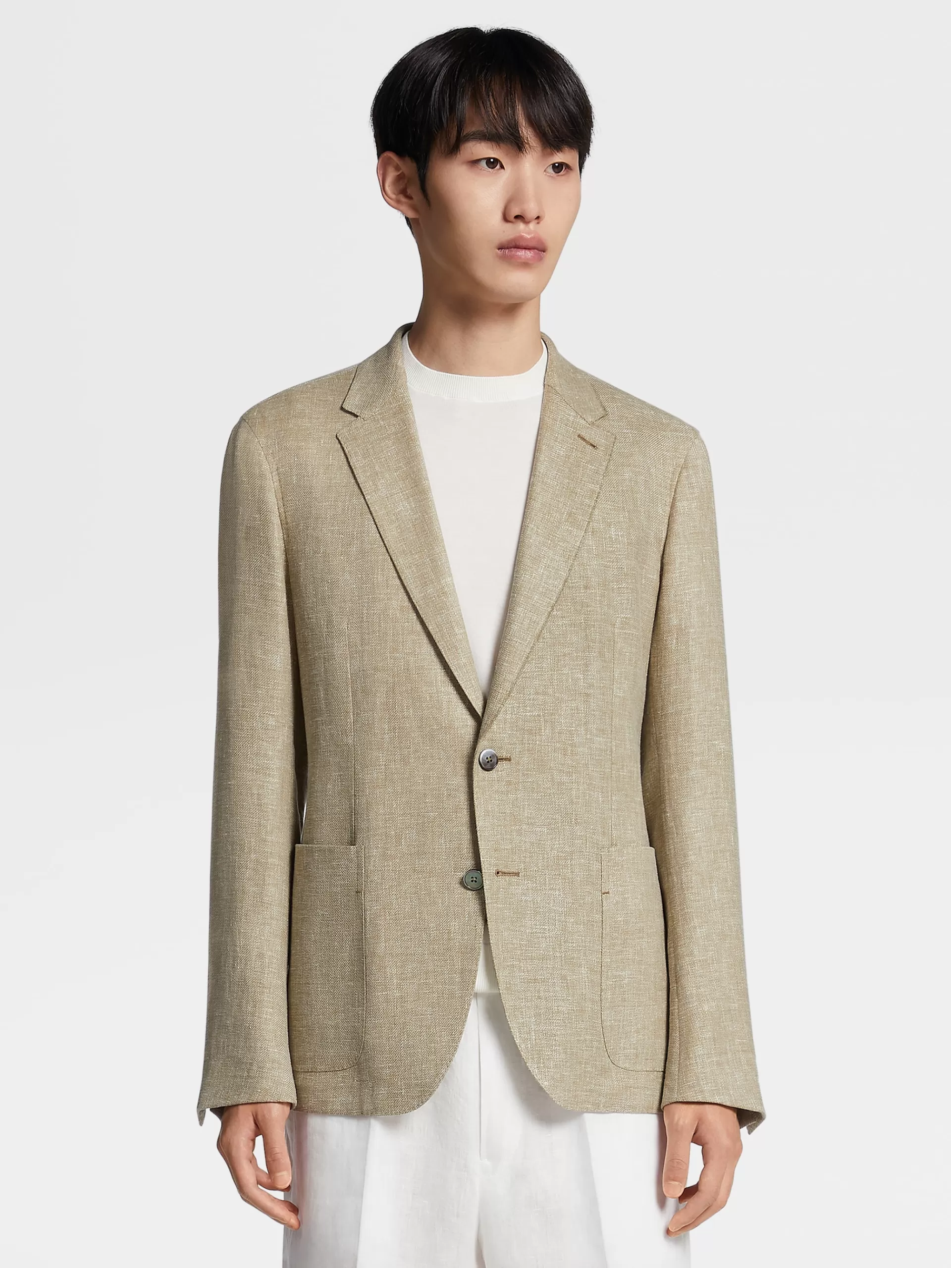 Store ZEGNA Veste Chemise Microstructuree En Tissu Crossover De Lin Et Laine Melanges Vert Kaki Clair
