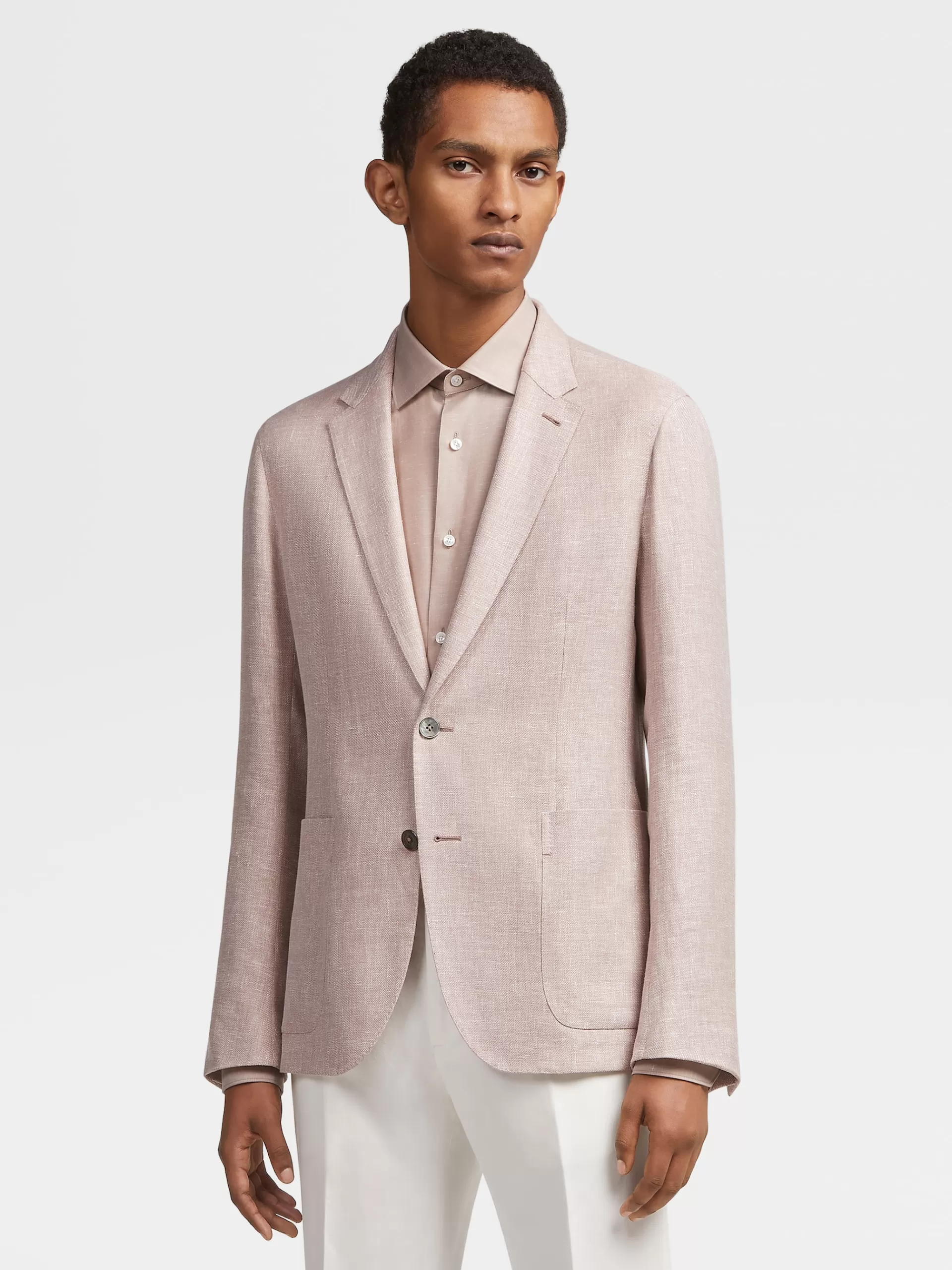 Discount ZEGNA Veste Chemise Microstructuree En Tissu Crossover De Lin Et Laine Melanges Rose Poudre