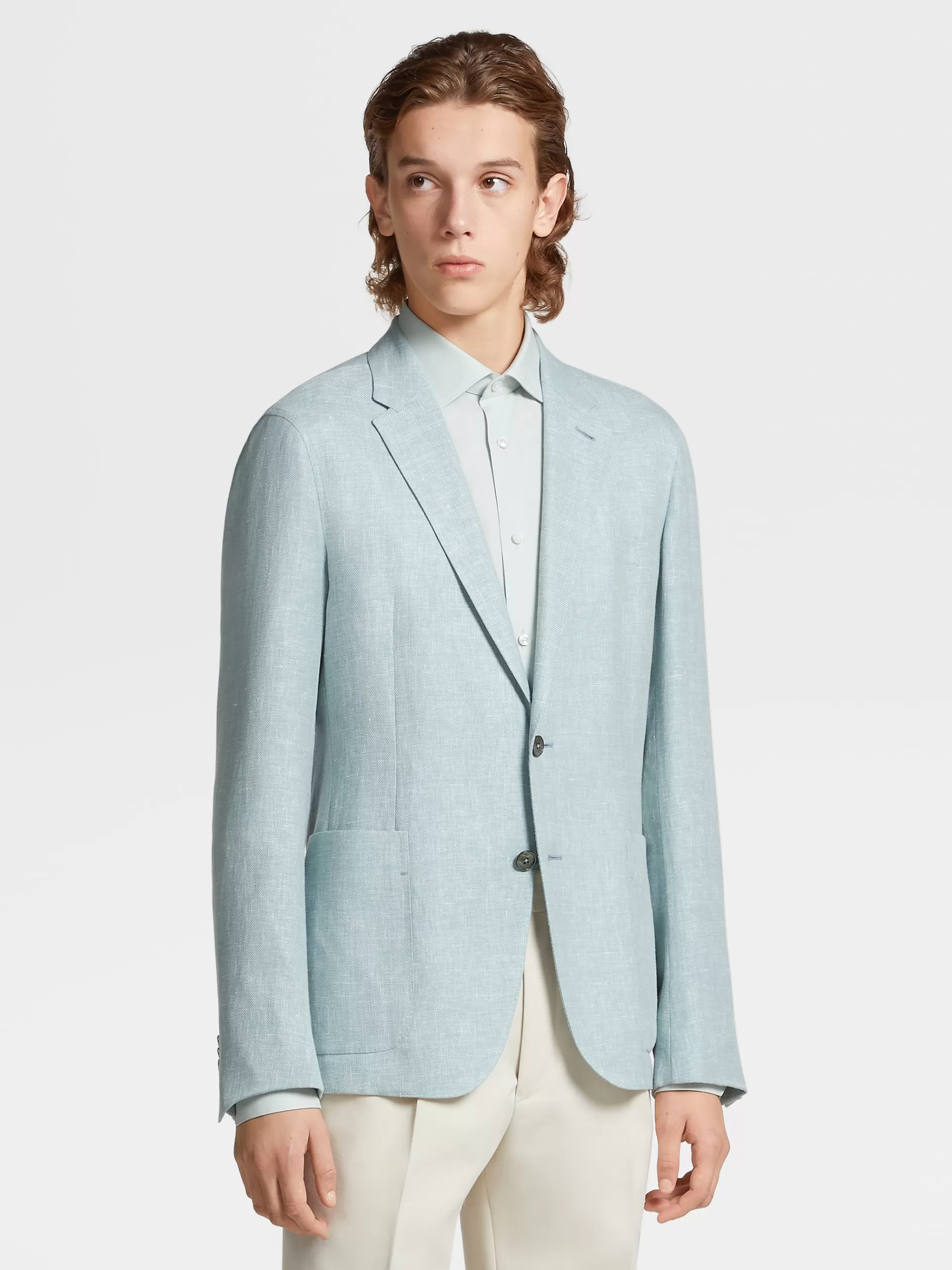 Best Sale ZEGNA Veste Chemise Microstructuree En Tissu Crossover De Lin Et Laine Melanges Vert D'Eau
