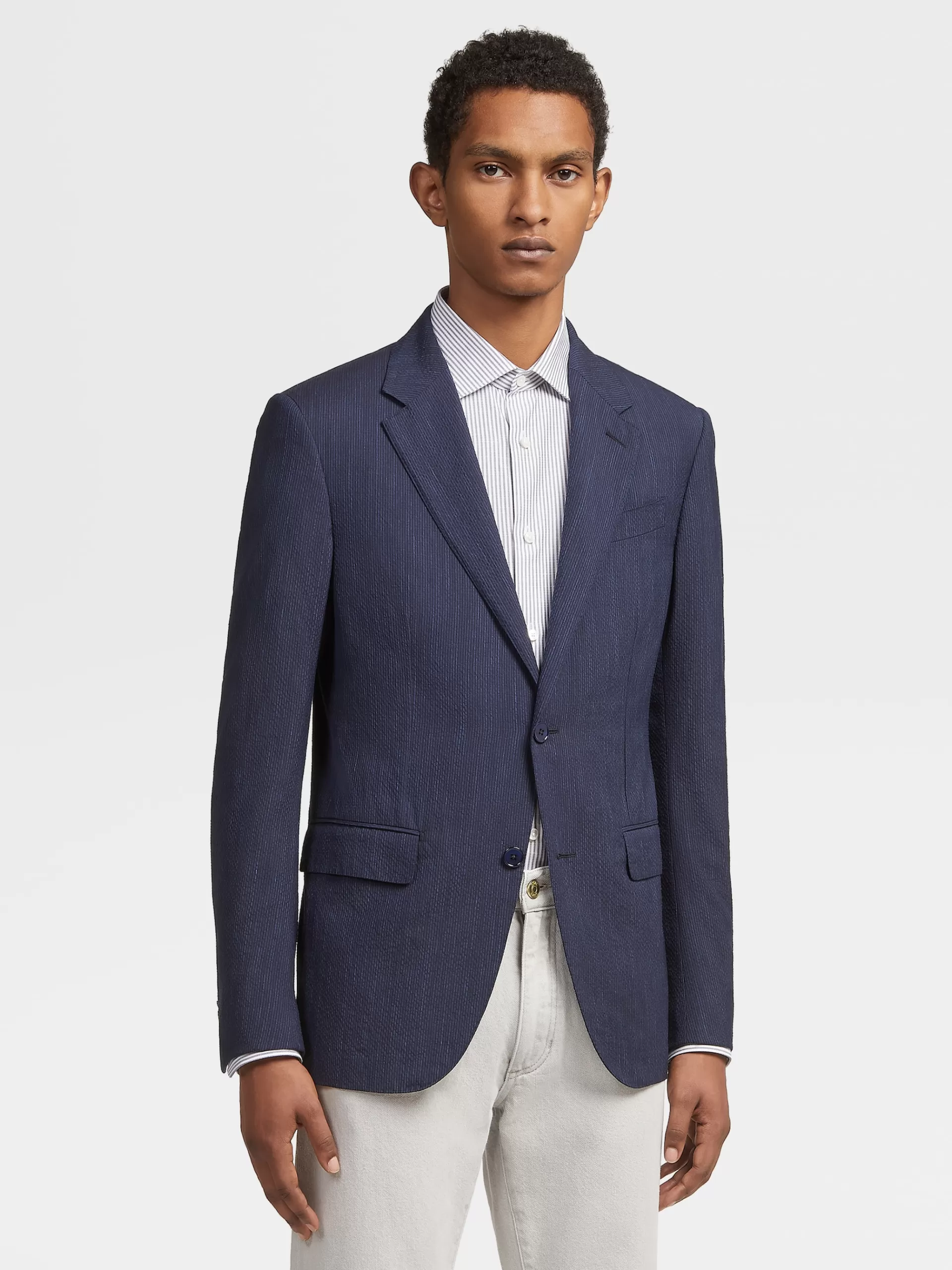 Discount ZEGNA Veste En Trofeo™ Seersucker De Laine, Soie Et Lin Bleu A Micro-Carreaux Bleu/Bleu Marine