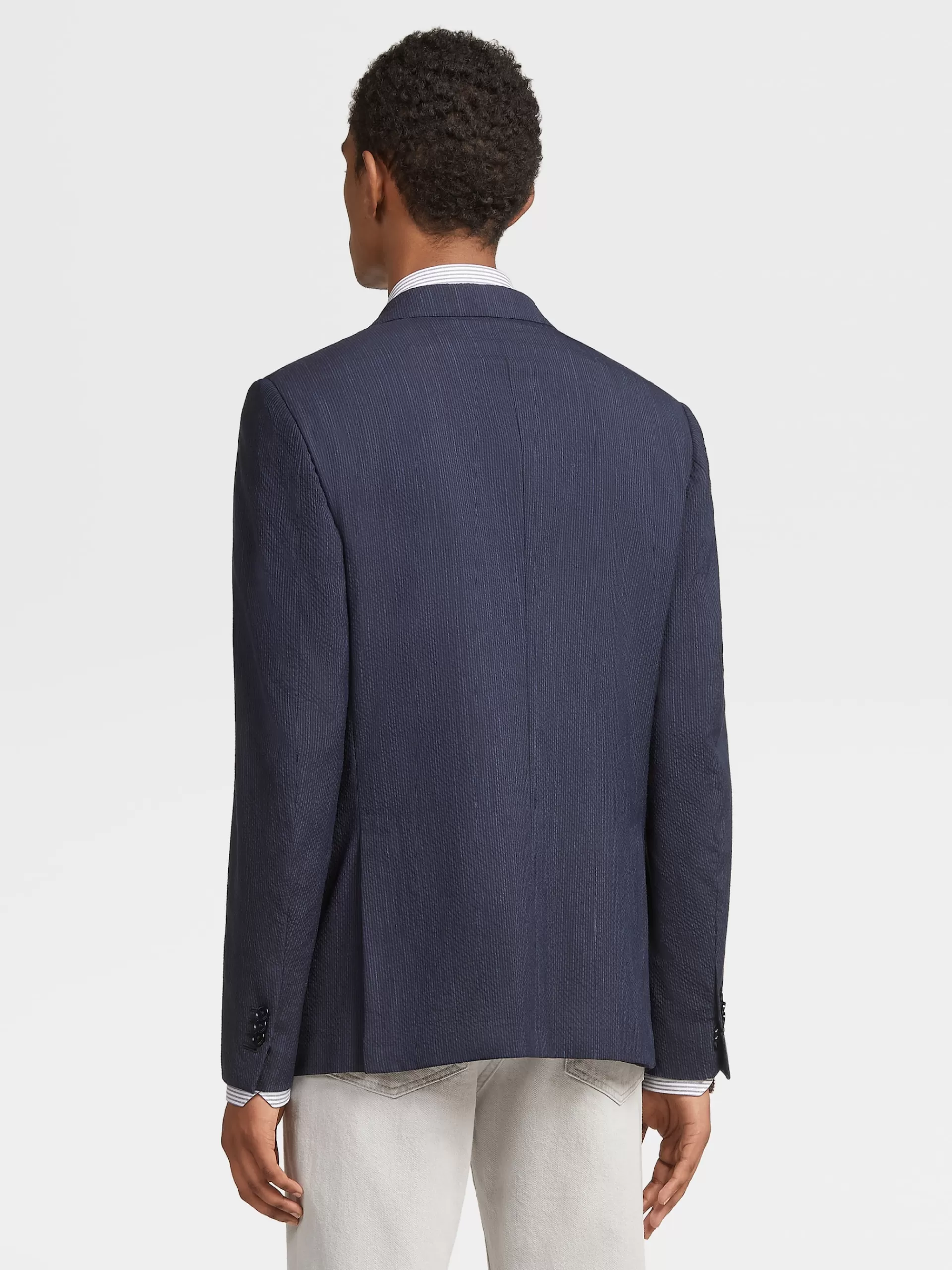 Discount ZEGNA Veste En Trofeo™ Seersucker De Laine, Soie Et Lin Bleu A Micro-Carreaux Bleu/Bleu Marine